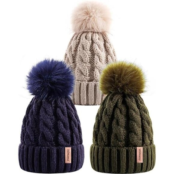 3 PCS Womens Beanie Pom Pom Knit Winter Fall Fashionable Warm Winter Hats Ladies